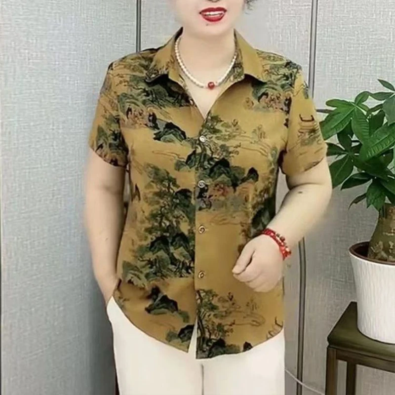 2025夏季新款衬衫翻领七分袖开衫复古风大码上衣中老年妈妈装