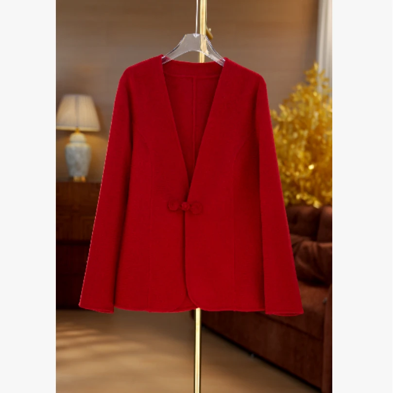 25年秋冬水波纹百分百绵羊毛V领新中式盘扣外套A3126