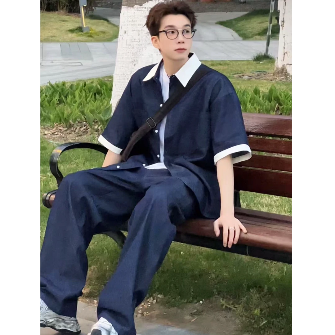 夏季新款潮流复古拼接衬衫宽松牛仔短袖小众百搭休闲阔弯刀裤套装
