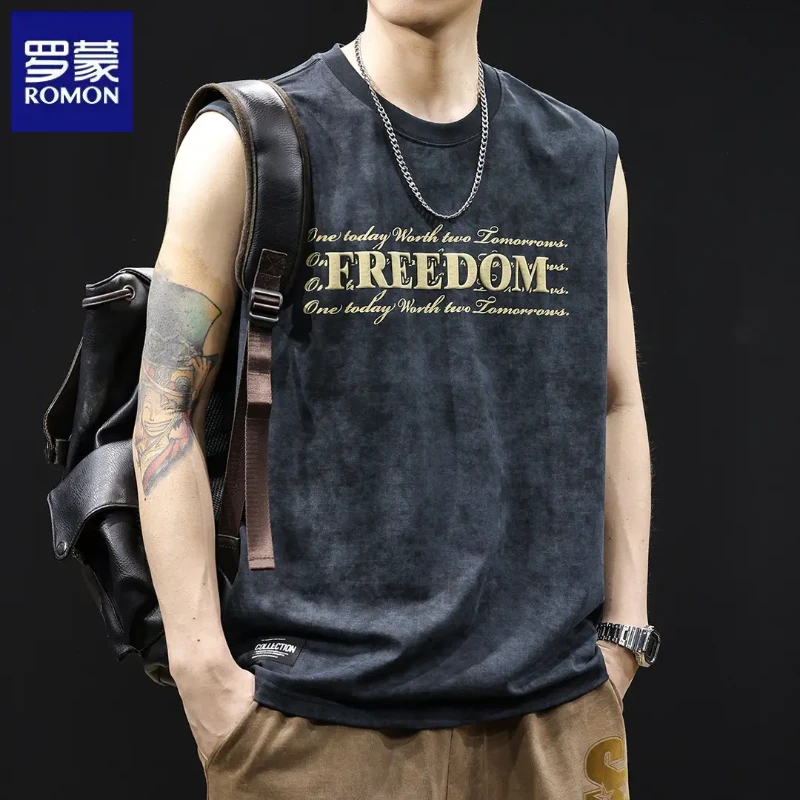 罗蒙美式重磅纯棉背心2025夏季新款宽松跨栏运动坎肩圆领无袖T恤