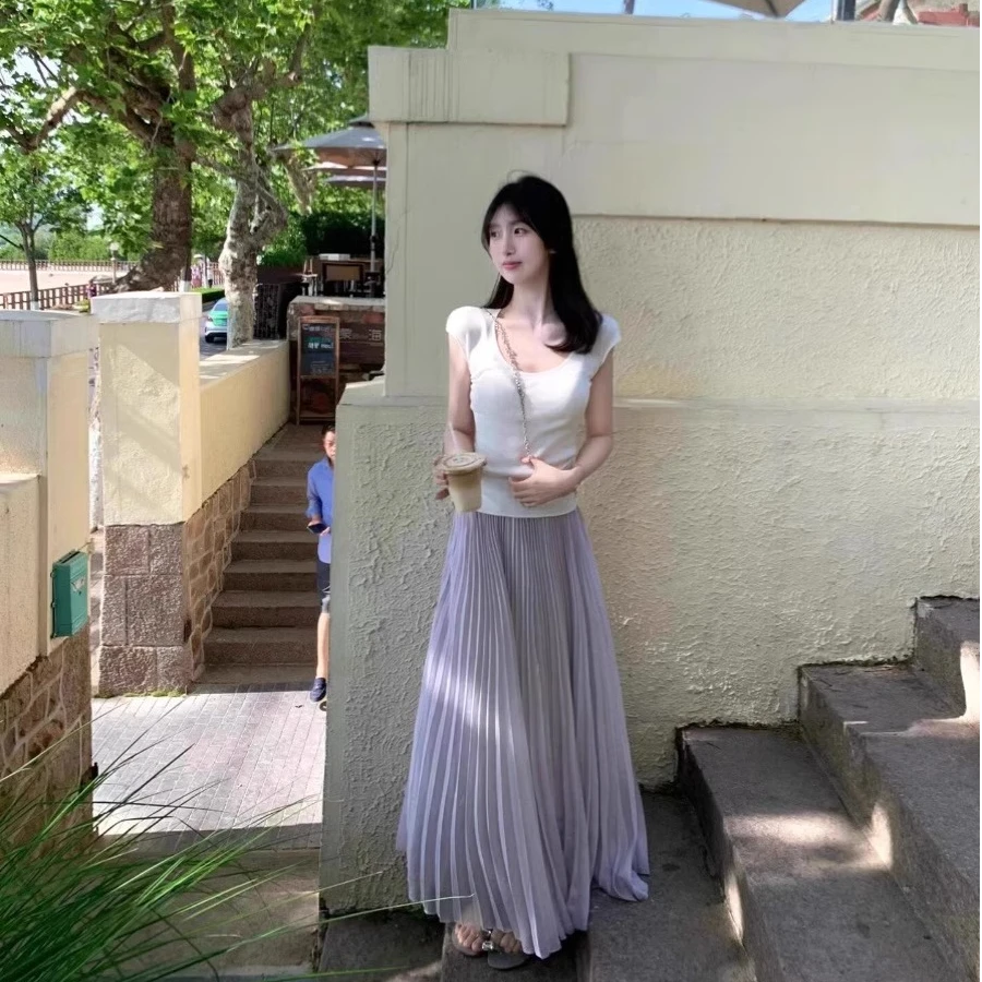 紫色百褶半身裙女夏2025新款垂感气质高腰显瘦法式高级感a字长裙