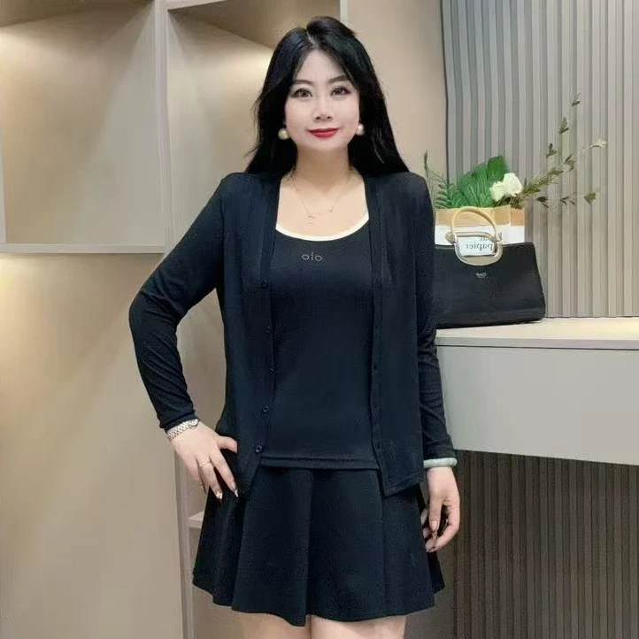 早秋两件套-千 25791早秋大码显瘦微宽松字母气质吊带外搭两件套