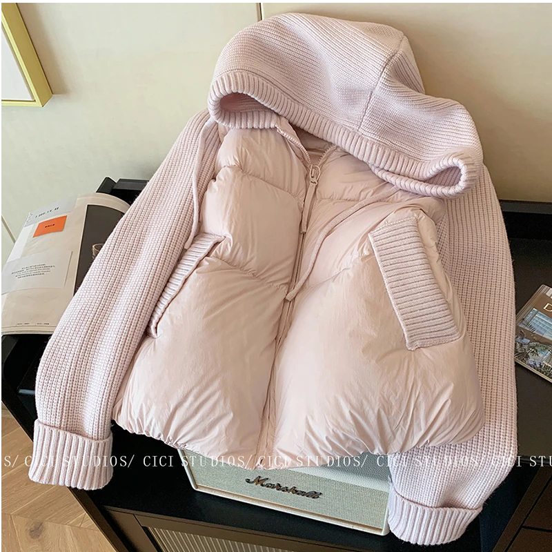秋冬季2025新款爆款粉色针织拼接连帽女装保暖软糯棉服面包服外套