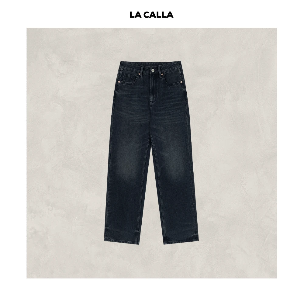 LA CALLA深蓝牛仔极简高级水做旧直筒牛仔裤-H51-940