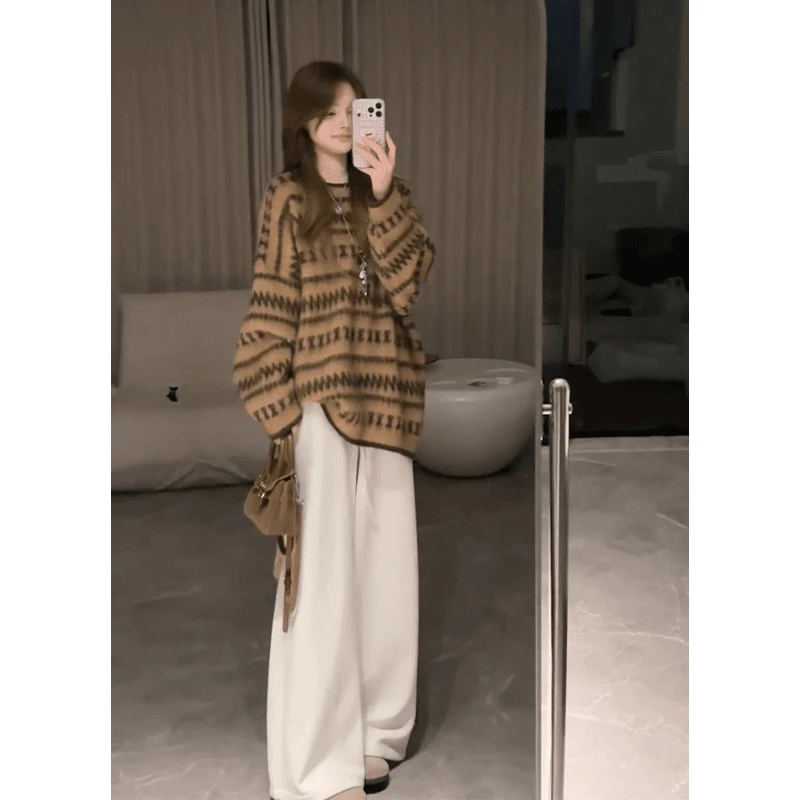 套头毛衣早秋季2025新款韩系慵懒风高级感针织衫上衣高腰垂感裤子