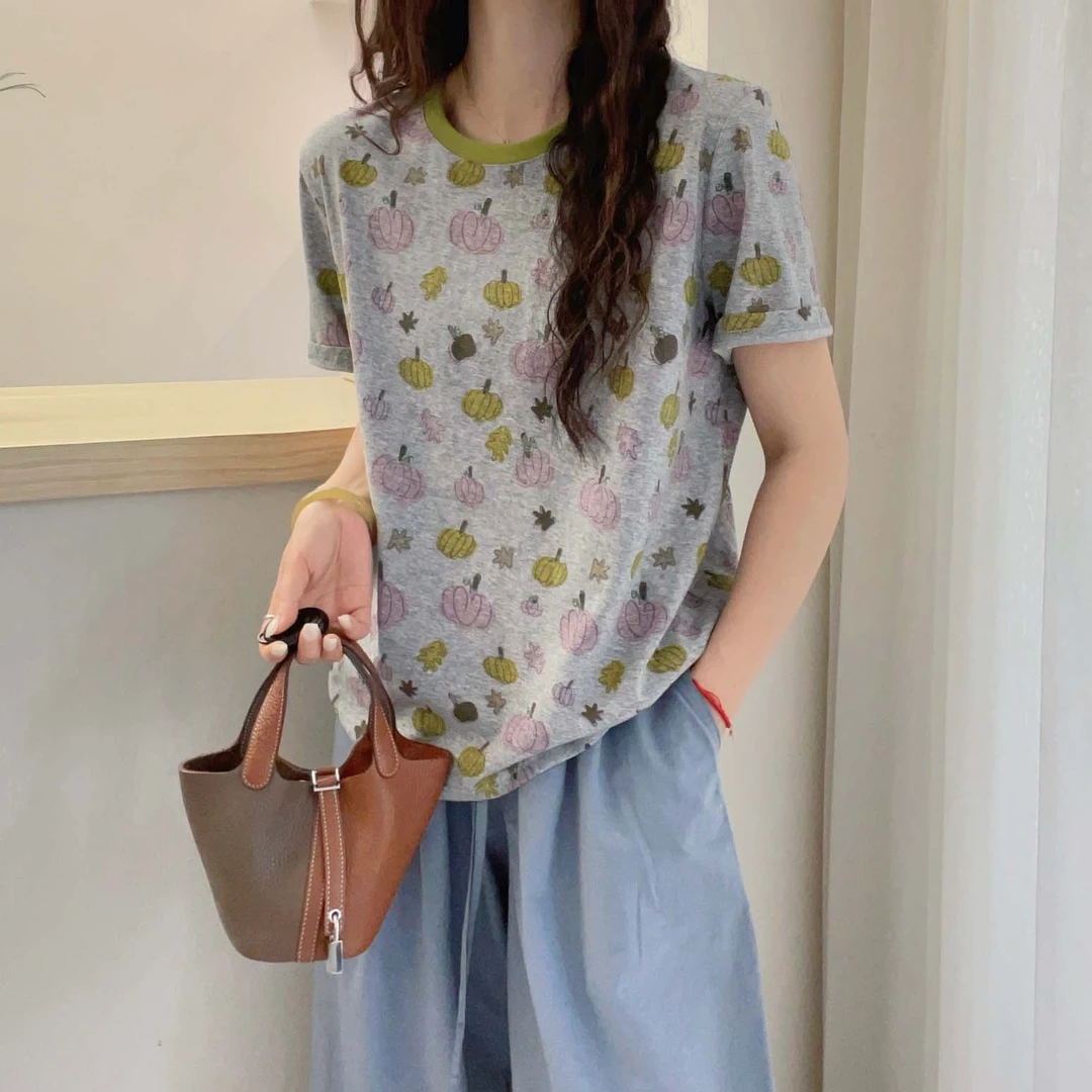 欧洲站夏装新款薄款吸汗透气南瓜印花短袖体恤女棉质百搭T恤上衣