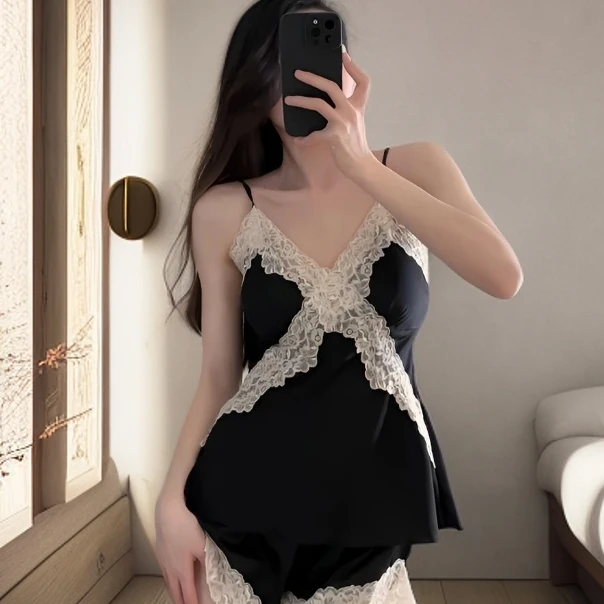 2025新款轻奢睡衣套装家短款吊带居服套装蕾丝网红性感女士夏季