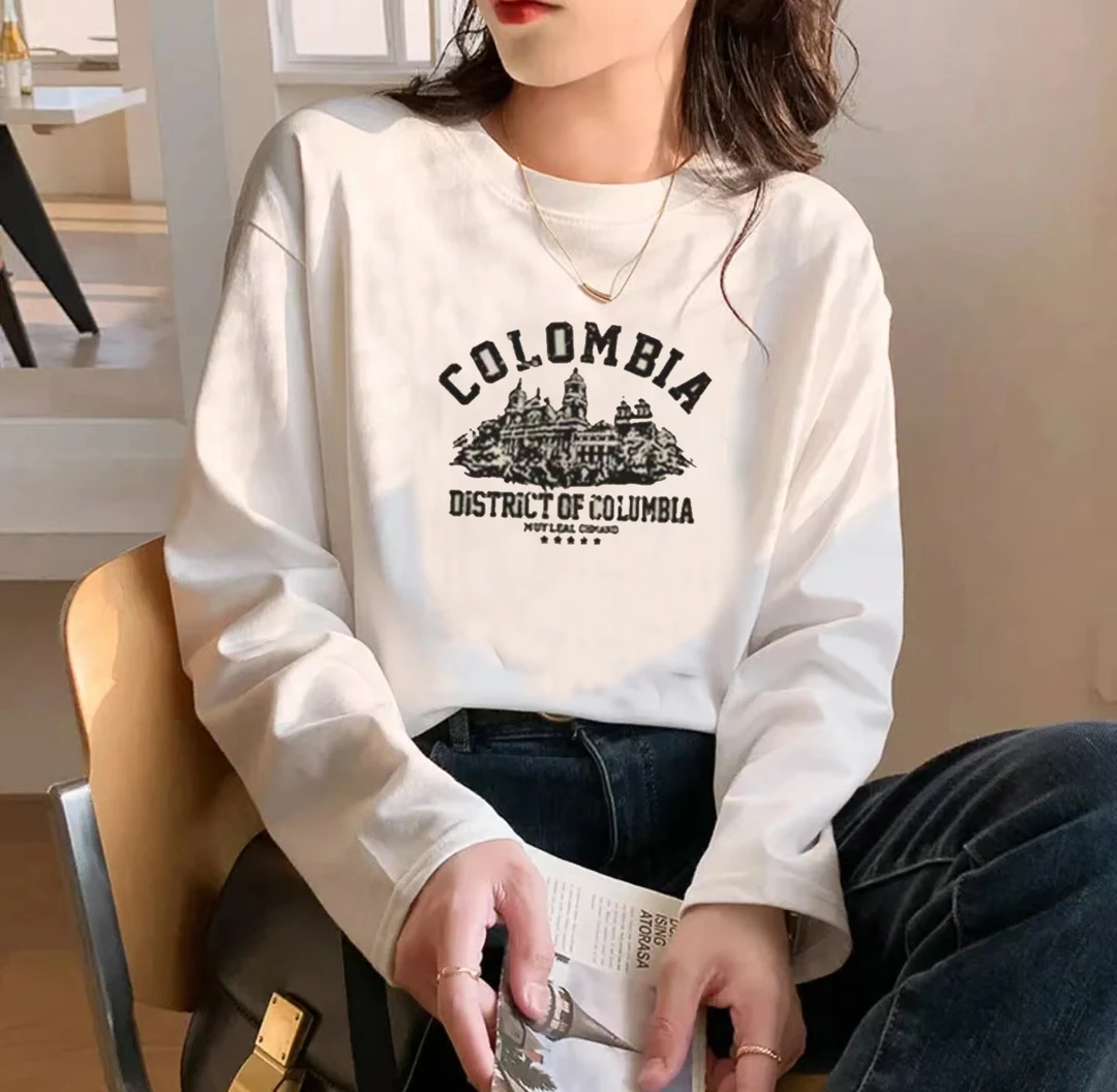 圆领男女情侣同款休闲百搭印花长袖T恤-黑色城堡