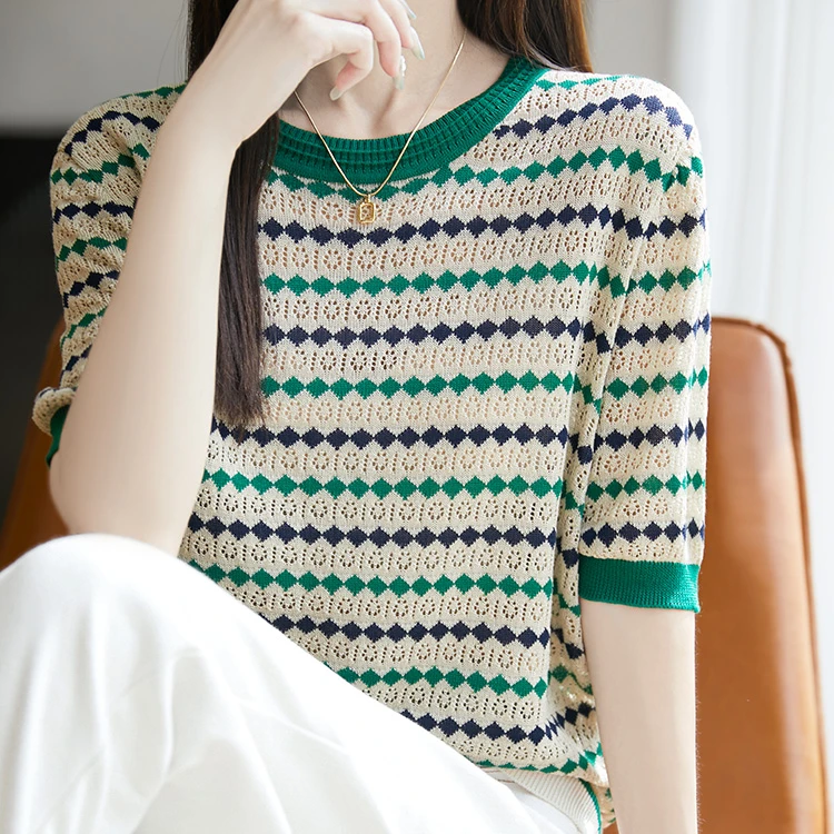 100莱塞尔短袖 圆领领开衫火龙果色 洋气针织短袖夏季柔软不扎