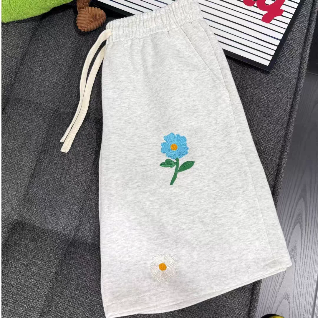 美式原创小花刺绣短裤裤子男女款夏季oversize运动五分沙滩中裤