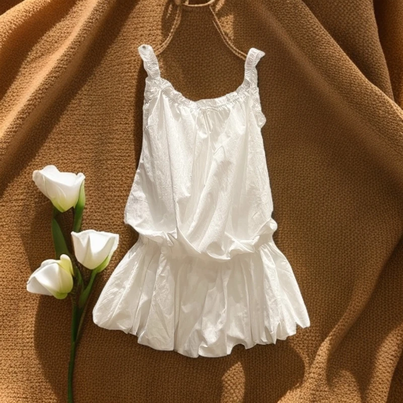 韩系白色系带木耳边背心吊带女2025年夏季新款设计感掐腰绝美上衣