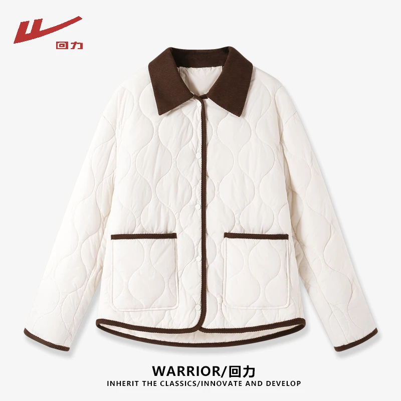 回力秋冬新款绗棉撞色翻领棉服韩版复古洋气棉服外套女小个子棉衣