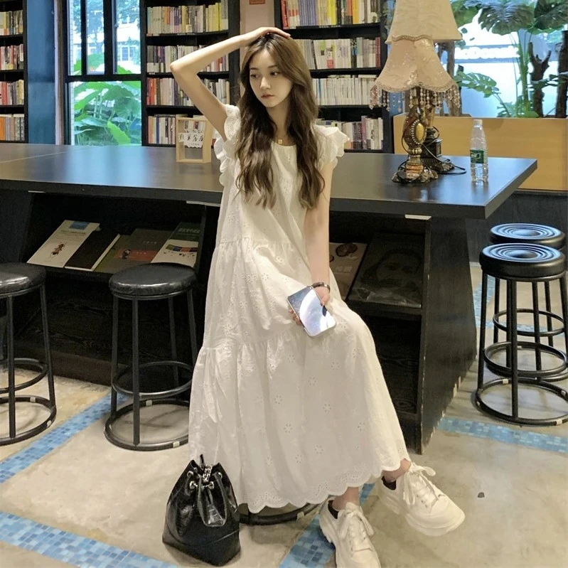 女大童小飞袖白色连衣裙夏装新款初中高中学生法式宽松甜美长裙子