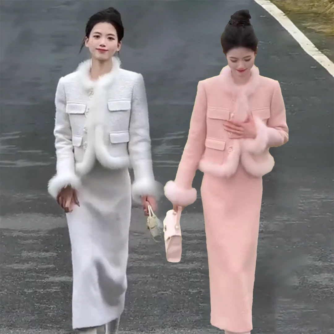 2025冬新款时尚保暖小香风套装女洋气毛边减龄甜美夹棉外套半身裙