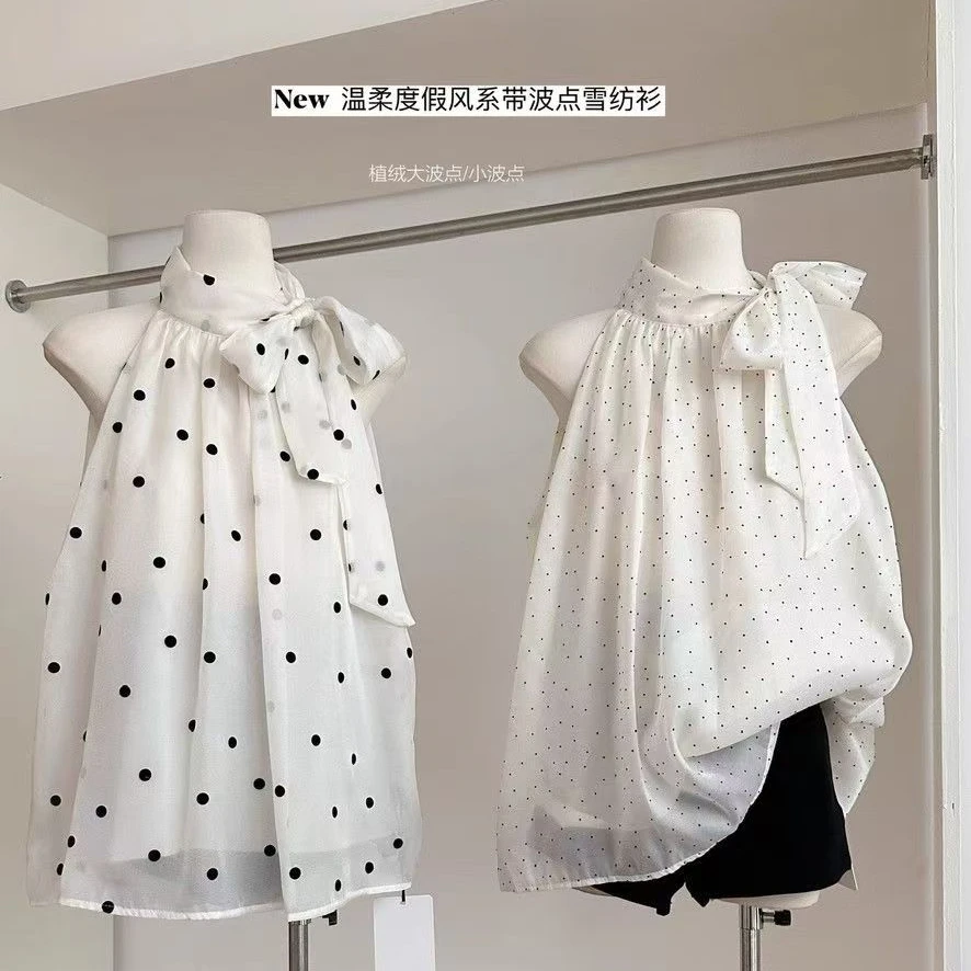 [章鱼婷专属]波点蝴蝶结印染夏季蝴蝶无袖衬衫度假风温柔山本风