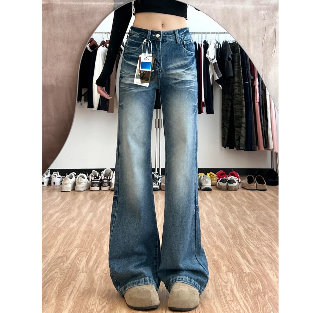 美式高街微喇牛仔裤女低腰显瘦不贴腿马蹄裤拖地裤猫须水洗复古蓝