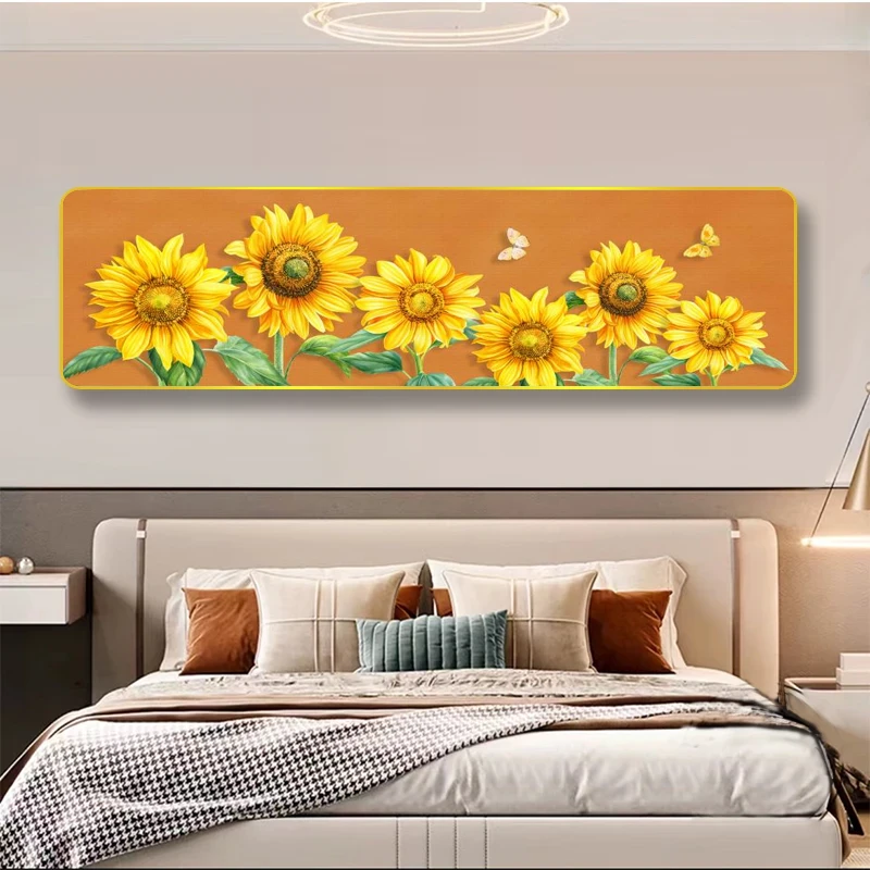 圆角包边现代轻奢卧室床头装饰画向日葵主卧房间横版平面寓意壁画