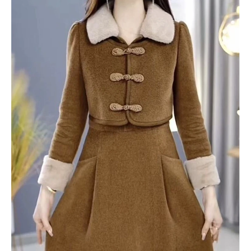 新中式国风加厚假两件连衣裙2025秋冬新款加厚保暖洋气中长裙