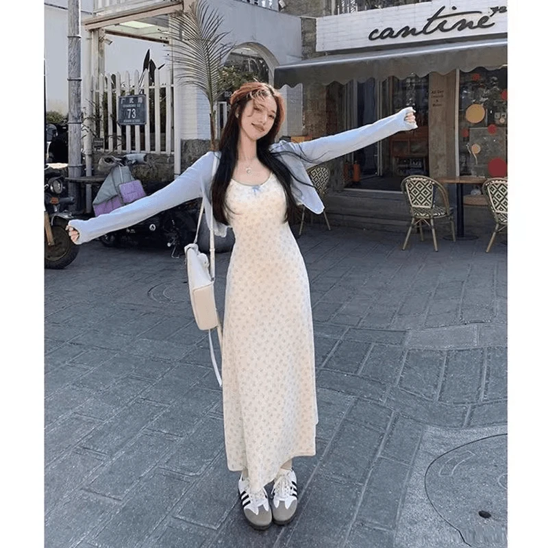 小熊印花吊带连衣裙女夏季裙子法式蕾丝花边气质收腰显瘦A字长裙