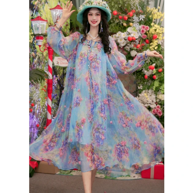 25新款法式设计师夏桑蚕丝气质宽松时尚长款女装连衣裙251D521