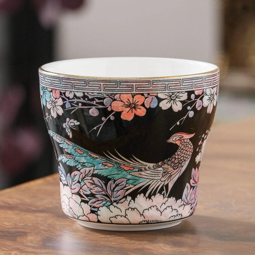 【奇居家饰】螺钿工艺骨瓷灵羽和鸣葫芦茶杯 黑色#F9916 JZH2-3