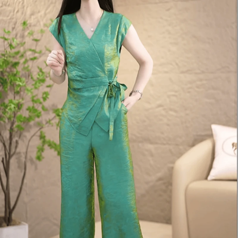 【上衣+休闲裤】2025夏季新款高端中式国风收腰显瘦洋气减龄两件套