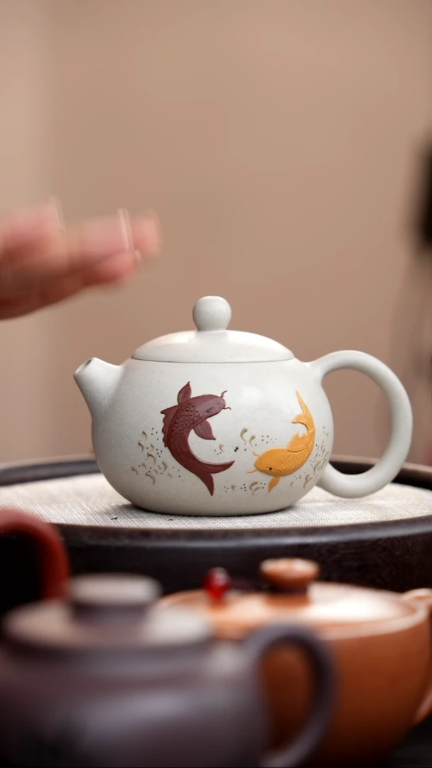 茶壶紫砂白玉段双鱼西施