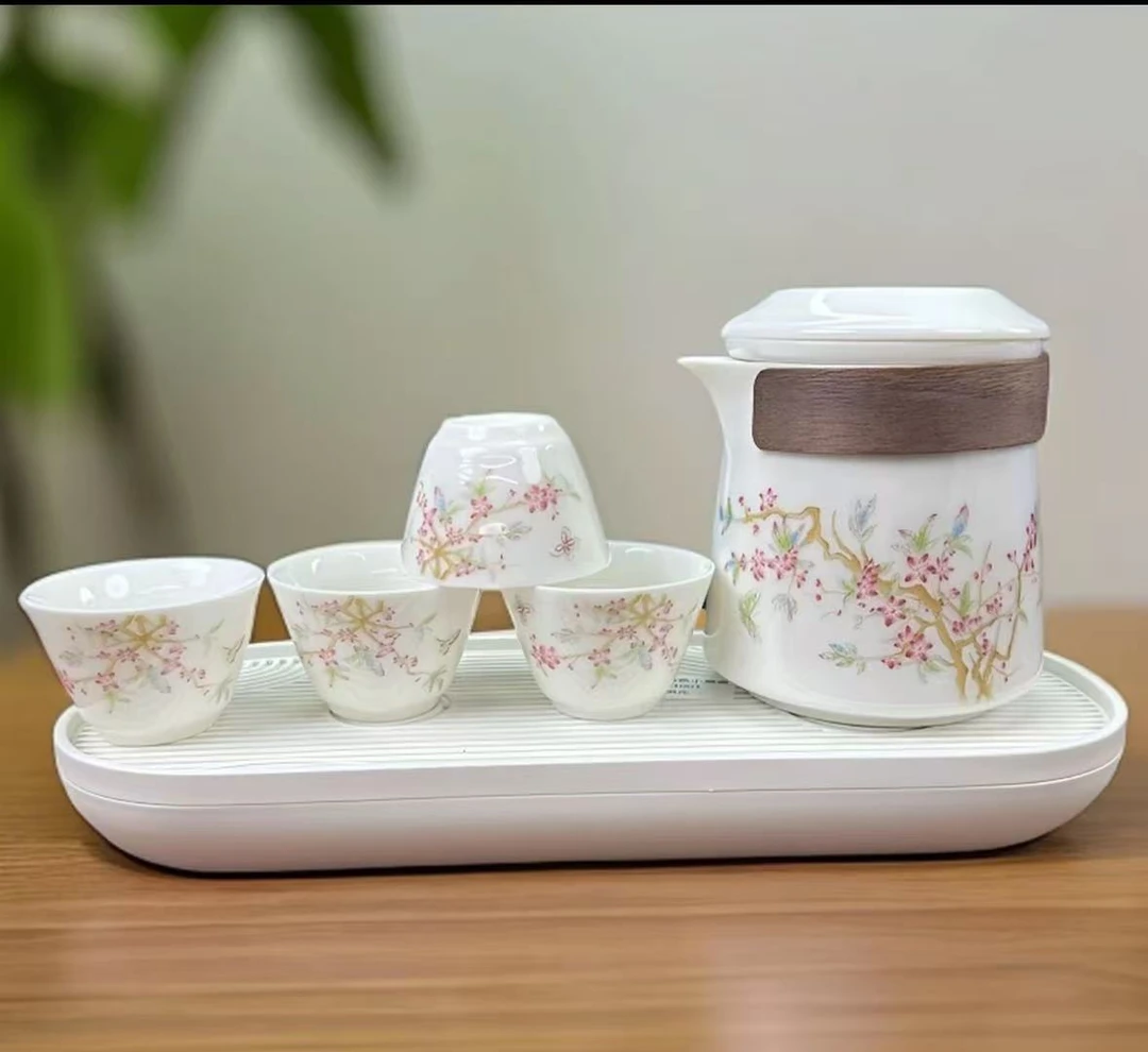 ZH3684-紫藤花手抓壶一壶四杯旅行快客带包+密胺白色小茶盘