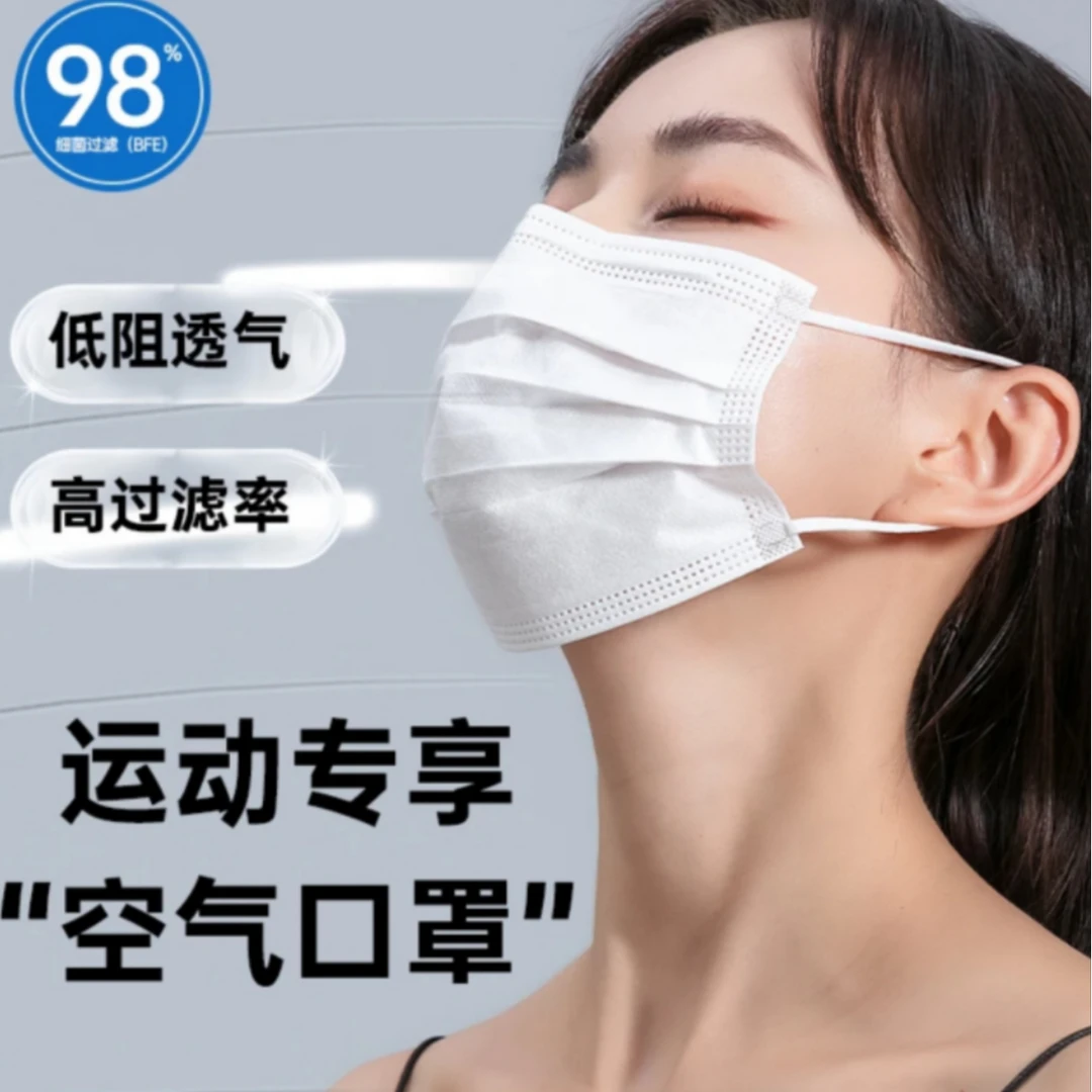（发100片）一次性防护白色口罩三层防护独立包装宽扁耳绳单独包装