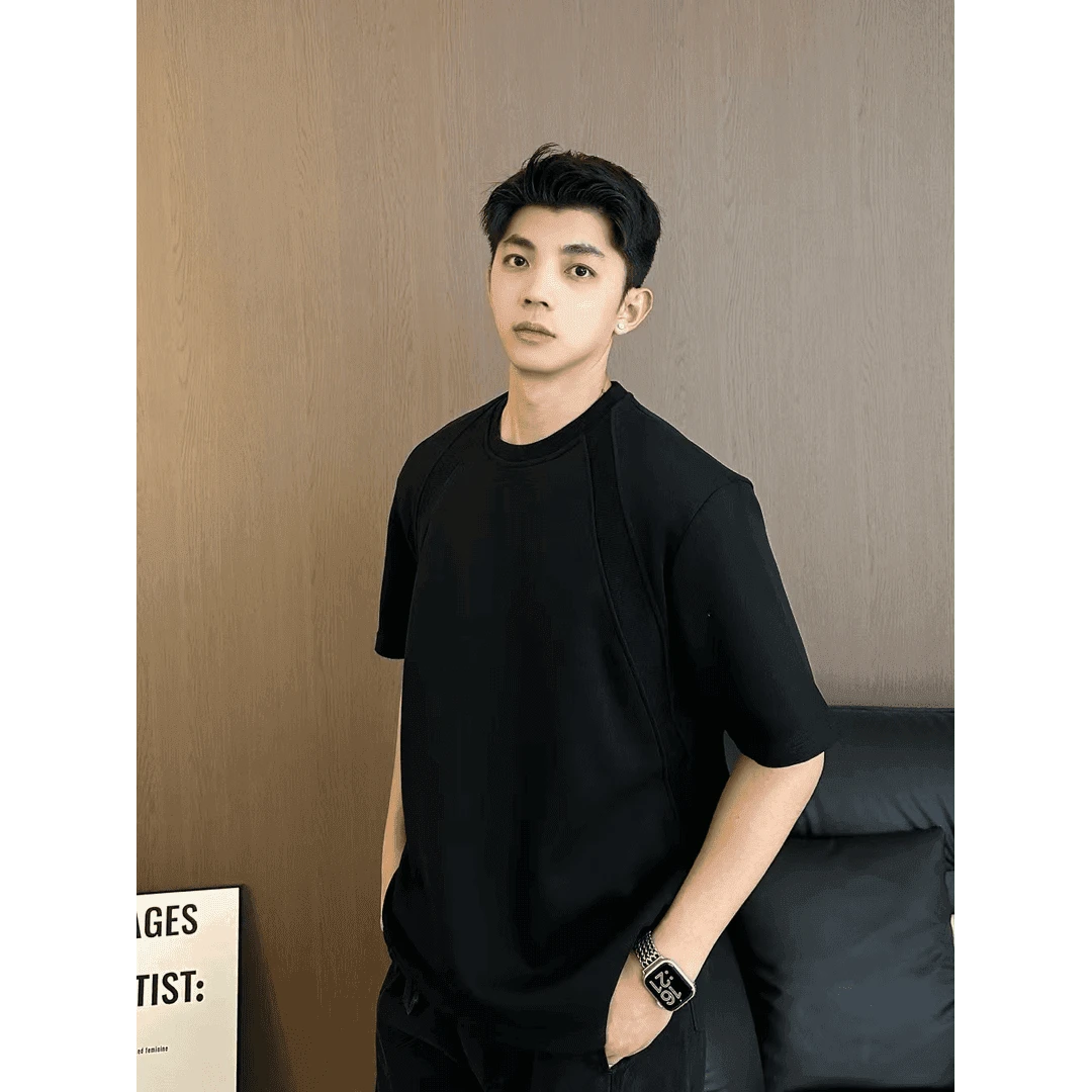 300g澳产空气层拼接短袖T恤男抗皱硬挺短款boxy版夏季质感五分袖