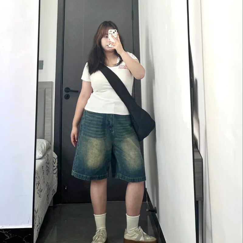 300斤大码美式高腰复古夏季牛仔短裤女胖mm宽松直筒七分中裤裤子