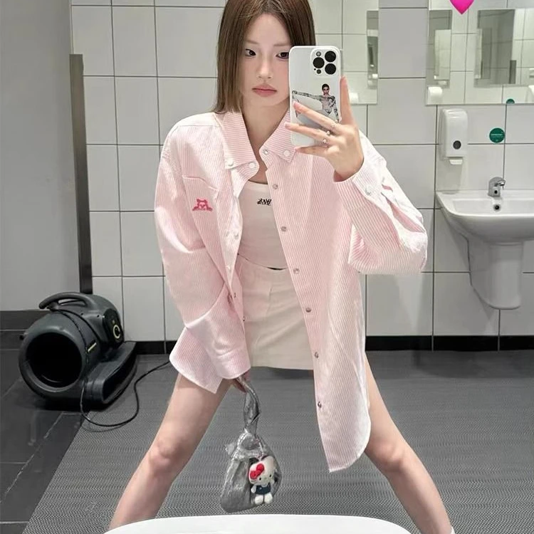 设计感秋季Polo领衬衫条纹女外套防晒衬衣宽松休闲开衫中长款上衣