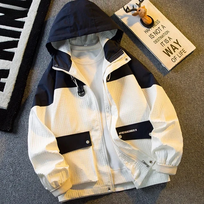 仓石一树运动肌理纹冲锋衣外套男款秋冬撞色宽松百搭拼接连帽夹克