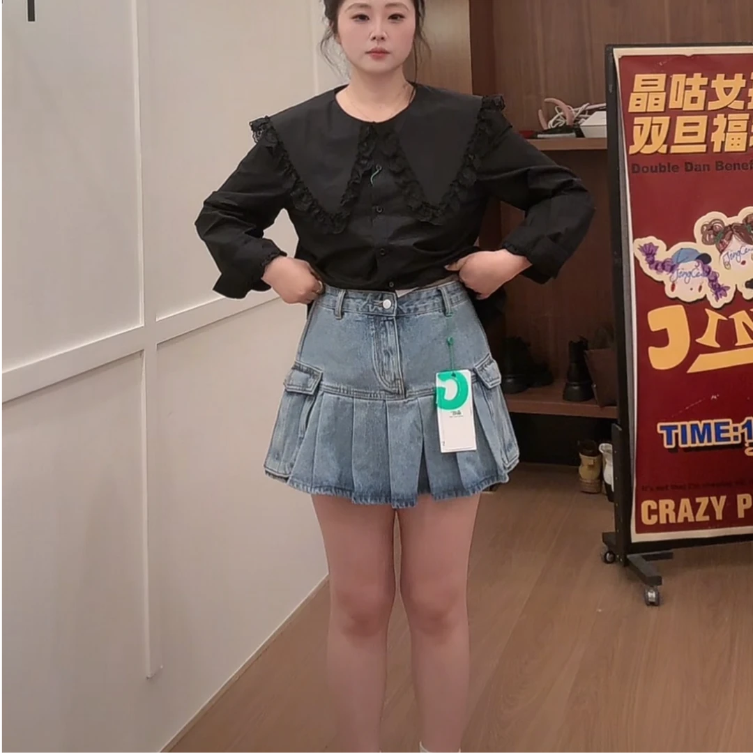 晶咕【高街辣妹】夏季甜酷薄款显瘦短款半身裙工装牛仔百褶半裙