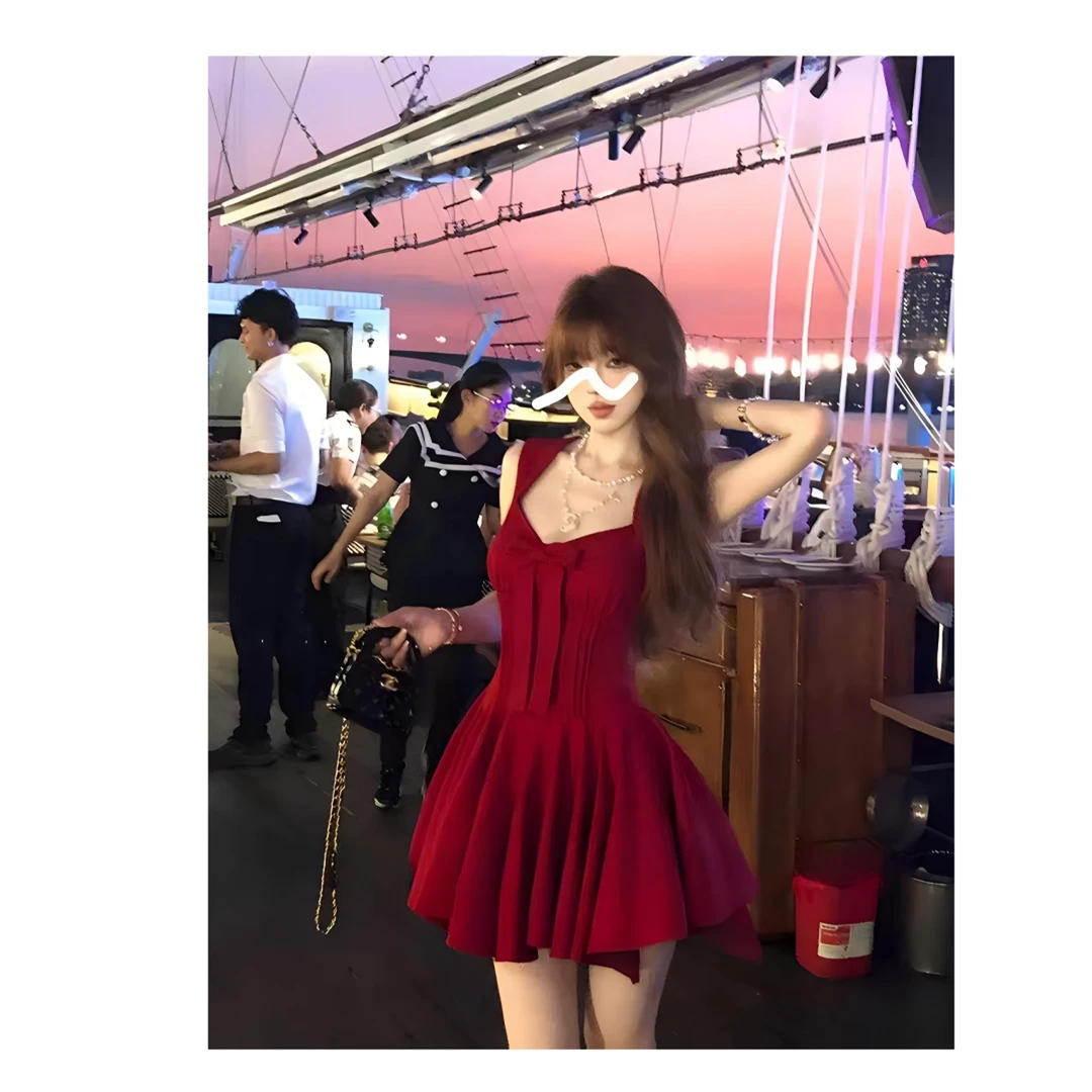 法式纯欲风玫瑰人生裙摆公主裙蝴蝶结千金感无袖收腰短款连衣裙