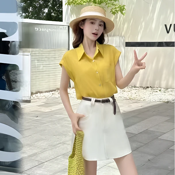 9173【衣长52】时尚休闲翻领短袖上衣2025夏季新款显瘦百搭衬衫女