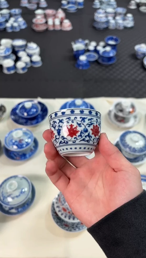 杯子瓷景德镇陶瓷茶具元青花釉里红缠枝莲小缸杯