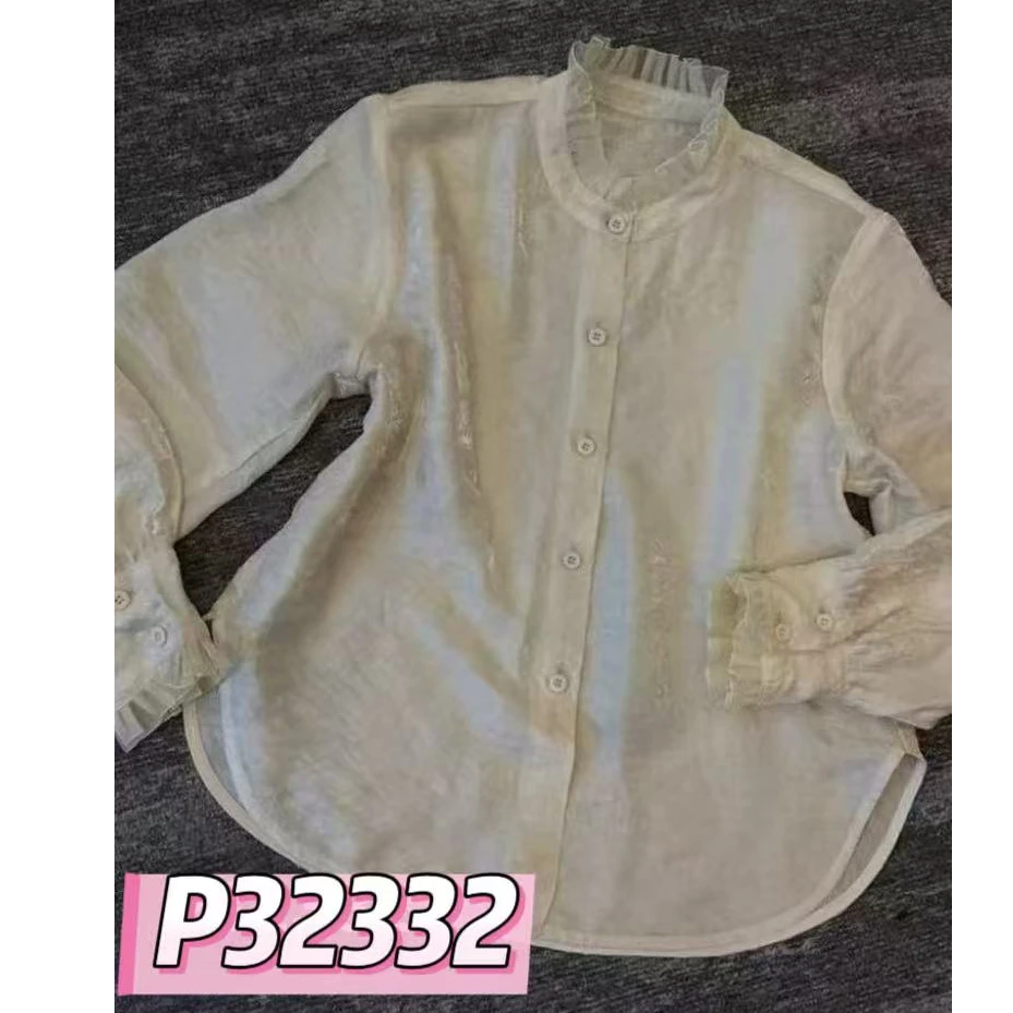 D32332新款减龄法式气质款花边领暗花长袖衬衫女