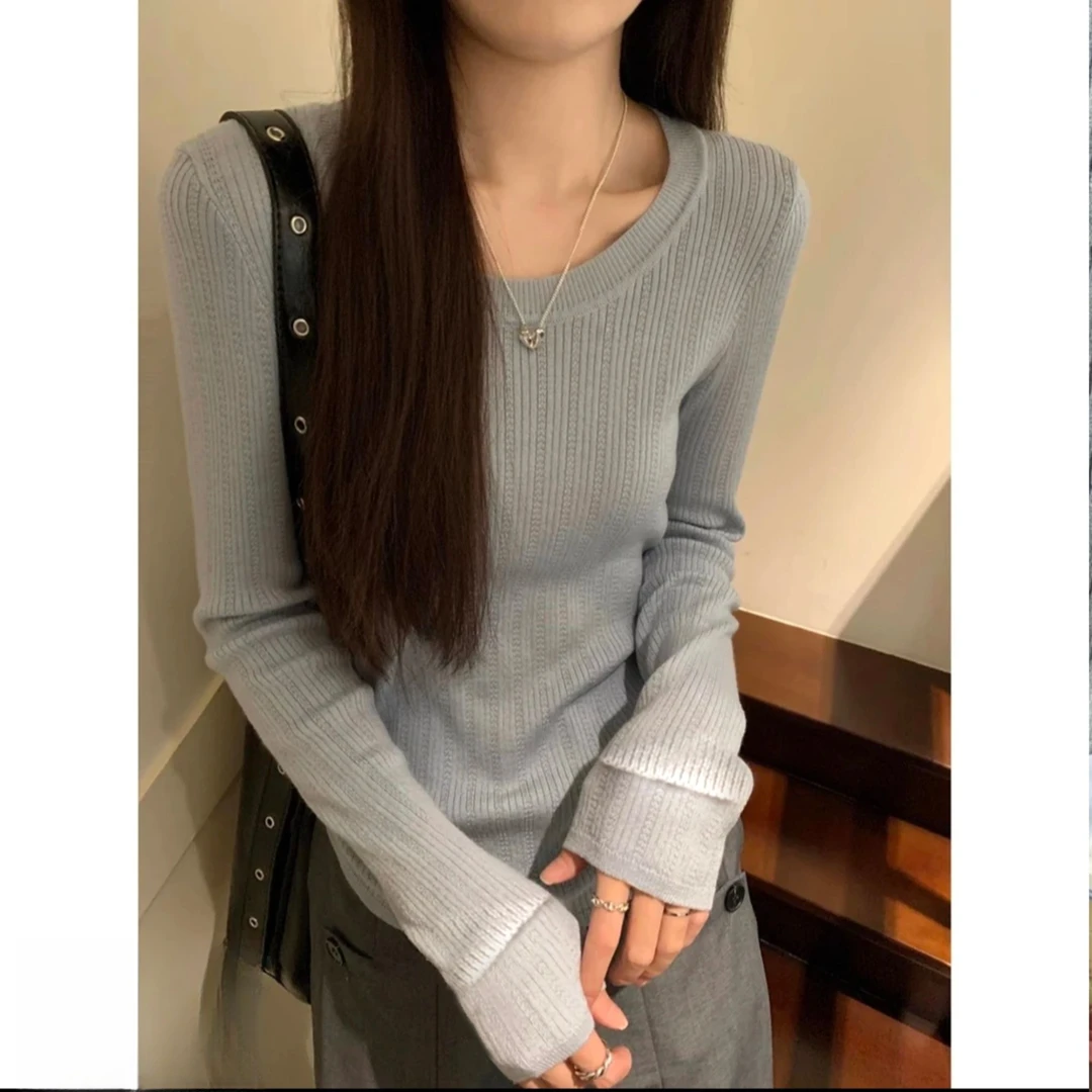 福利-拍下对应编码--春季新款高级灰圆领显瘦薄款针织衫上衣