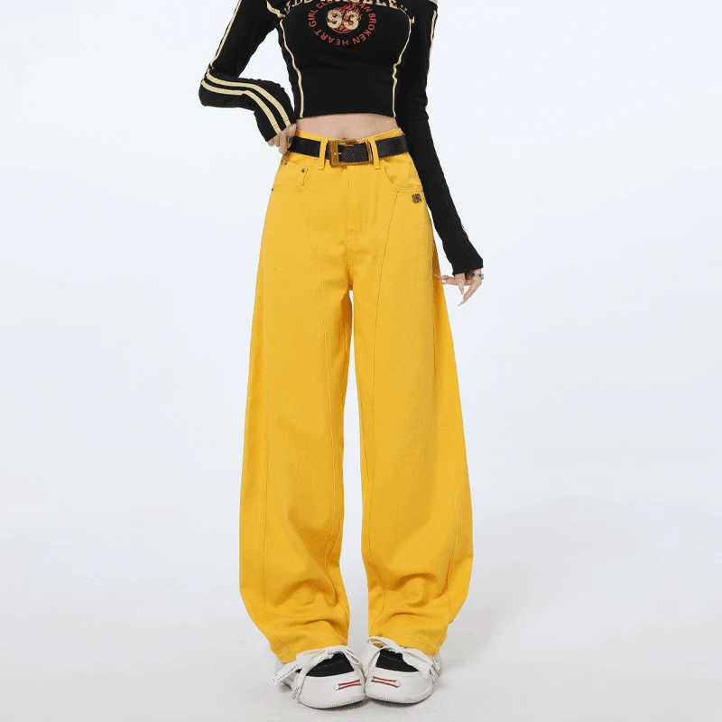活力黄弯刀阔腿牛仔裤女2025春季新款高腰宽松显瘦白色牛仔阔腿裤