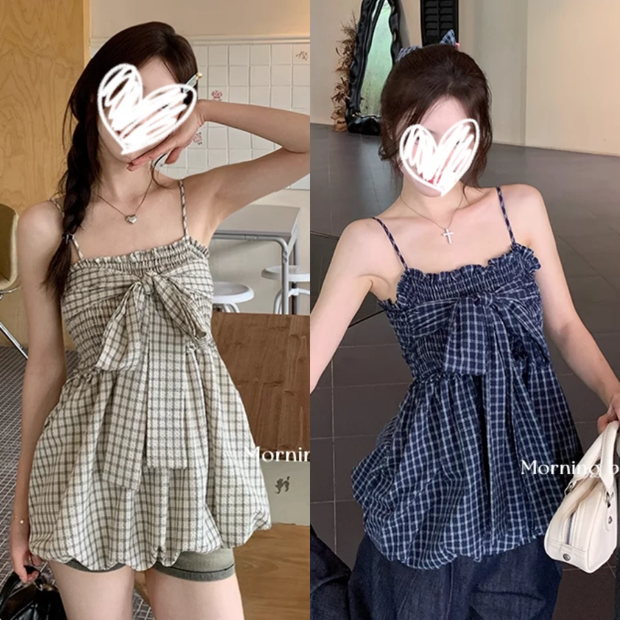 宽松蝴蝶结设计格纹花苞短袖女露肩无袖吊带裙上衣