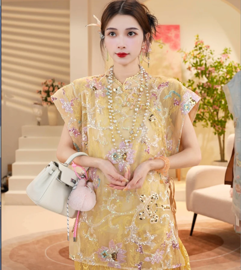 【千秋美人】夏款重工立体珠片烧花国风连衣裙2025b5600小源