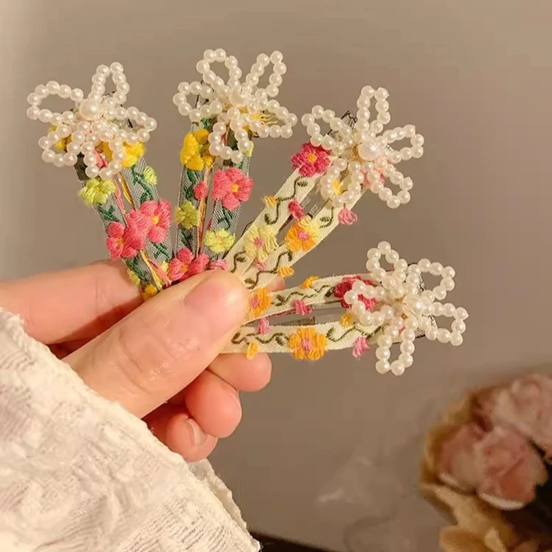 春日繁花珍珠刺绣发夹对装发卡BB夹侧边夹刘海夹碎发夹发饰新款