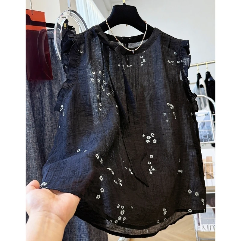 韩系减龄复古印花木耳边小飞袖蝴蝶结外穿马甲背心女夏季气质小衫