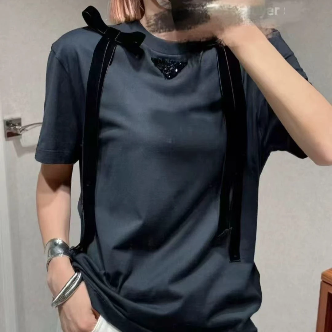 三角标钉珠短袖T恤可拆卸蝴蝶结上衣休闲NYN-5438