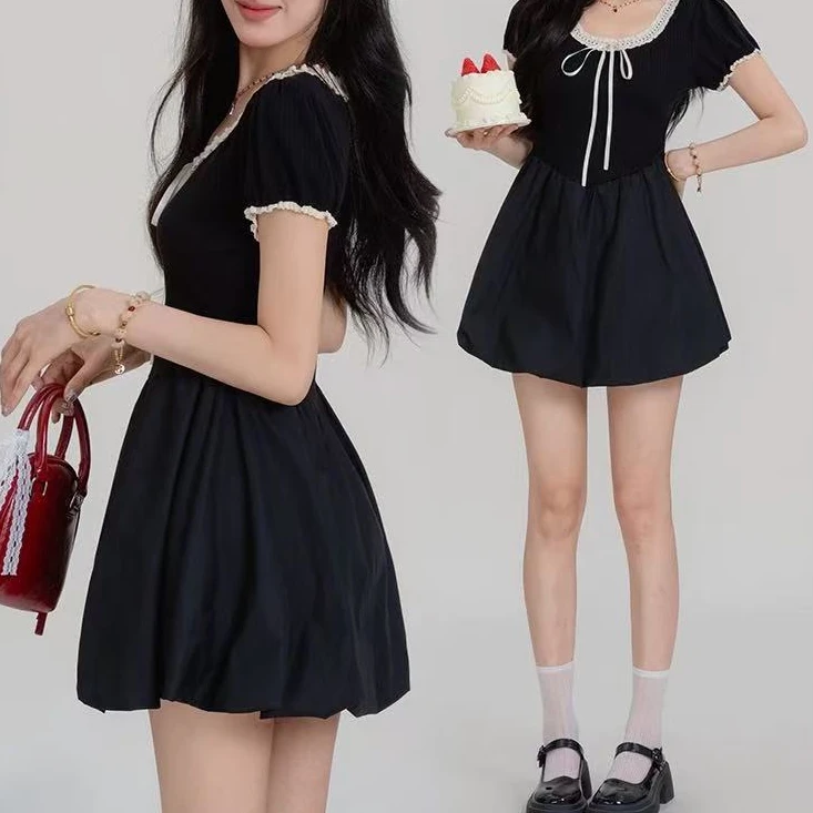 D2692减龄甜美蕾丝花边蝴蝶结连衣裙25夏季新款黑色蓬蓬花苞裙