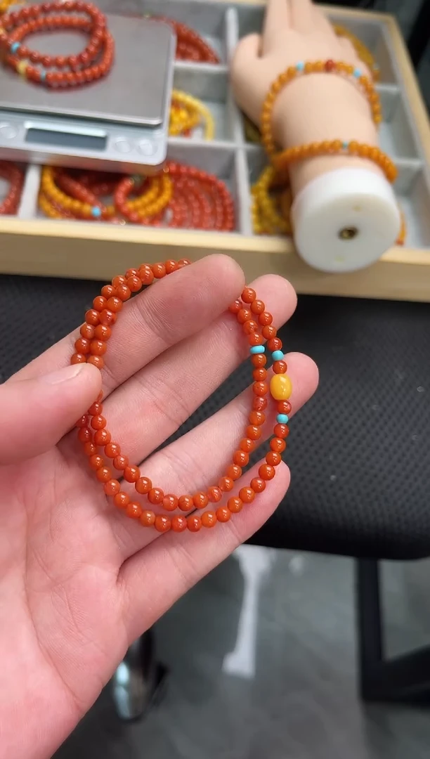 手串未镶嵌南红玛瑙南红柿子红双圈蜜蜡QF-B73