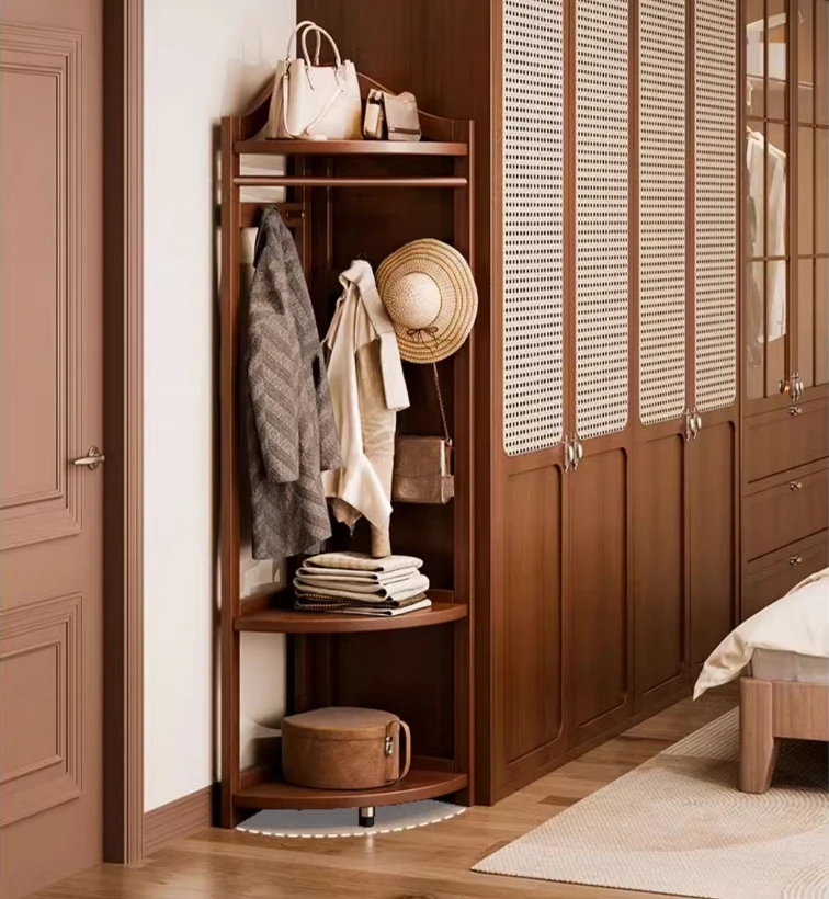 实木转角衣帽架落地家用卧室挂衣架靠墙门口角落扇形吊衣置物架子