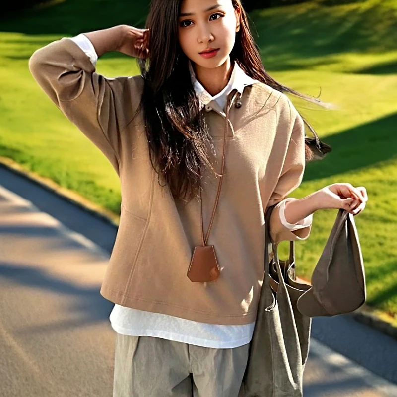 胖姐严选POLO领简约纯色净版一粒扣休闲宽松T恤短款长袖衫