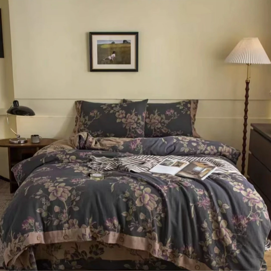 亲肤棉双层纱四件套--花畔厂家直销高端高档正品无染轻薄可机洗